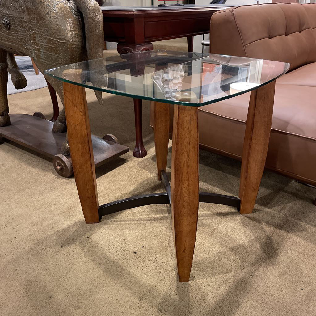Metal + Wood Base Glass Top Side Table C SIDE TABLES