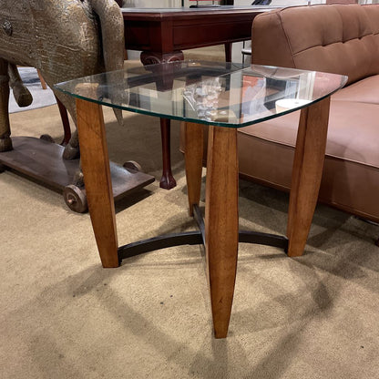 Metal + Wood Base Glass Top Side Table C SIDE TABLES