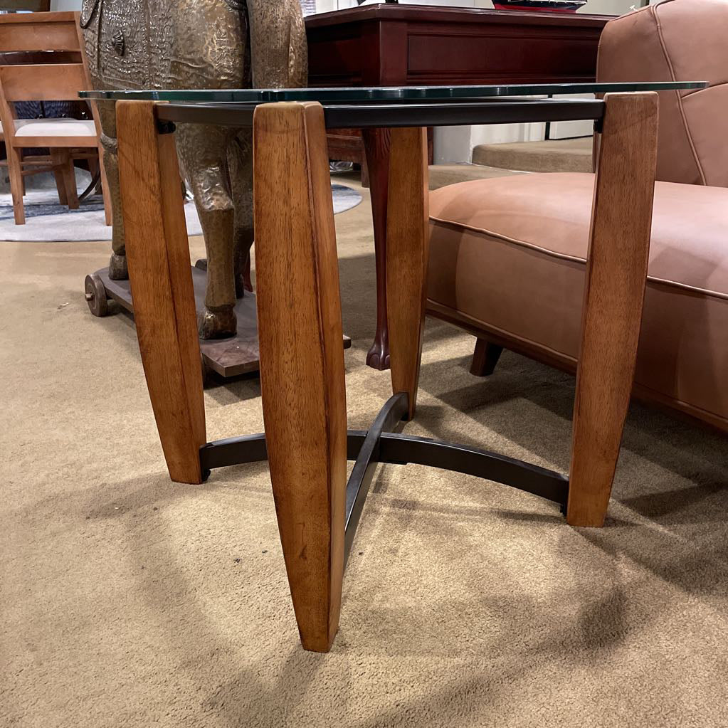 Metal + Wood Base Glass Top Side Table C SIDE TABLES