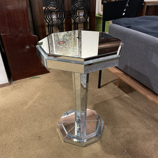 Mirrored Design Octagon Pedestal End Table AS IS