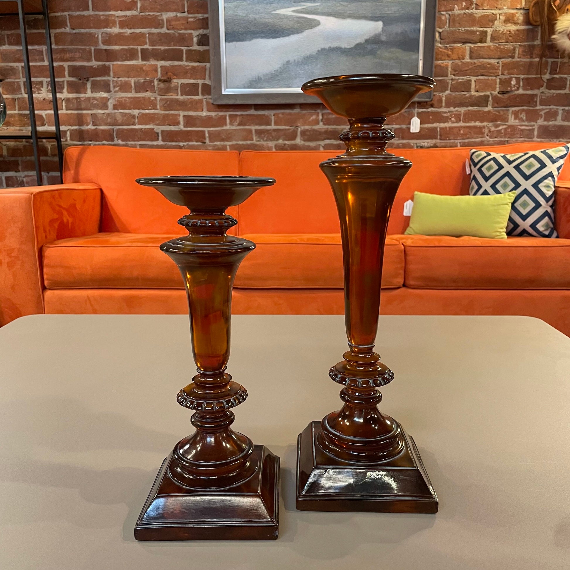 Orange Resin 2 Height Candleholder SET OF 2 UNIQUE FINDS
