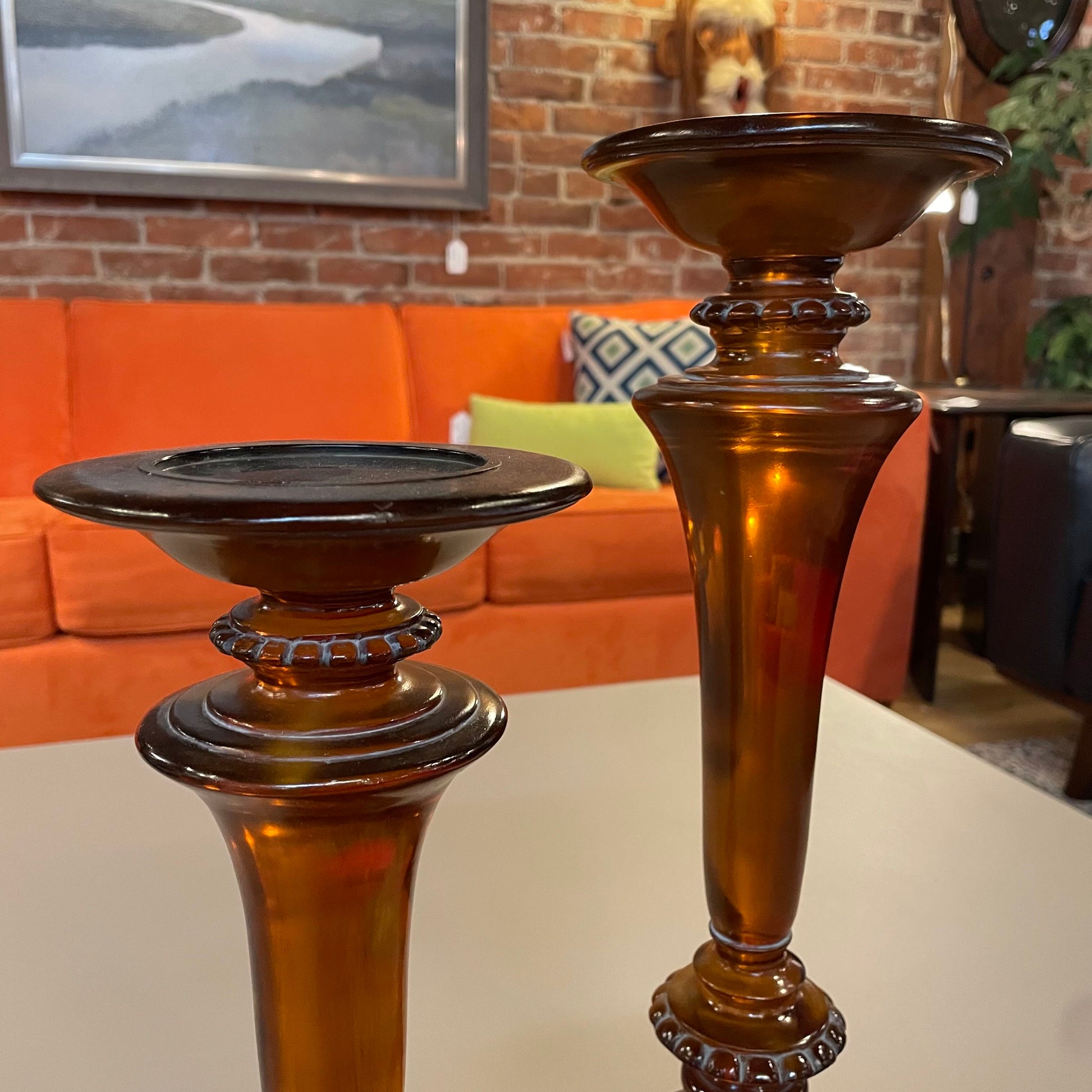 Orange Resin 2 Height Candleholder SET OF 2 UNIQUE FINDS