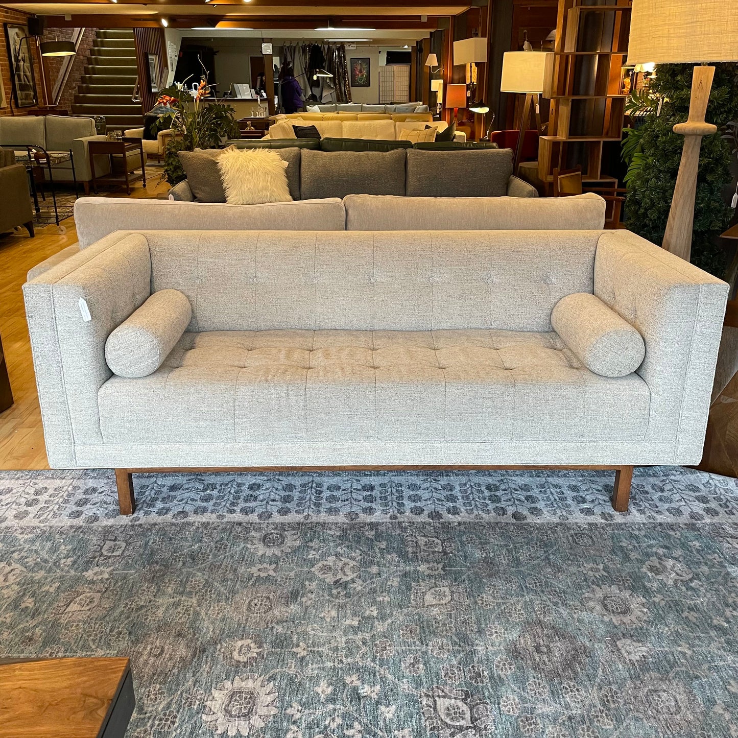 COUCH Shelter Arm Light Gray Tufted Sofa w/ Bolster Pillows