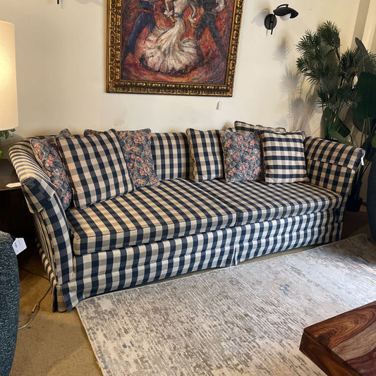 Blue Gingham Patterned Two Seat Sofa W/ Floral Pillows