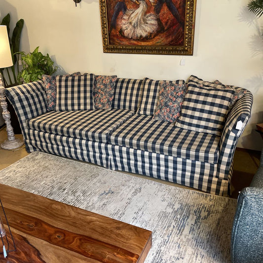 Blue Gingham Patterned Two Seat Sofa W/ Floral Pillows