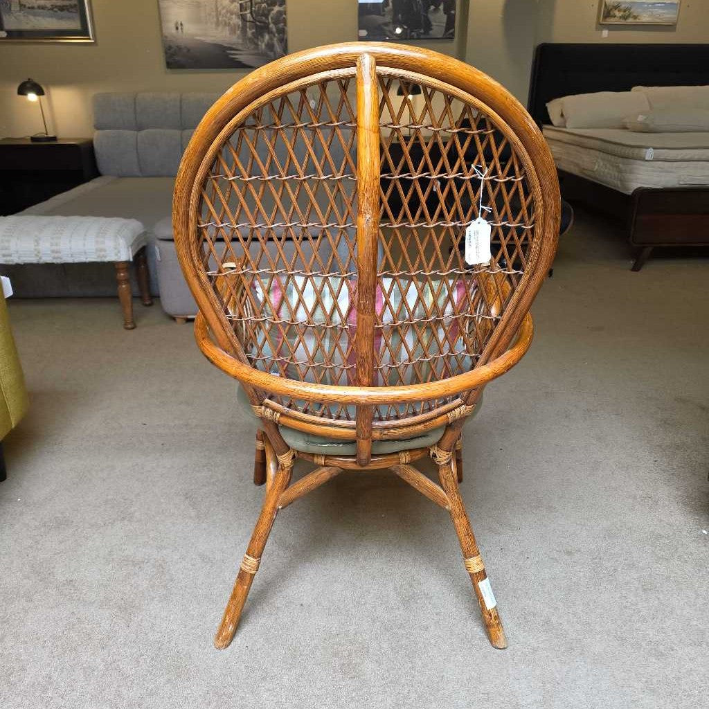 Rattan Back Accent Chair with Green Cushioned Seat & Striped Pillow OUTDOOR