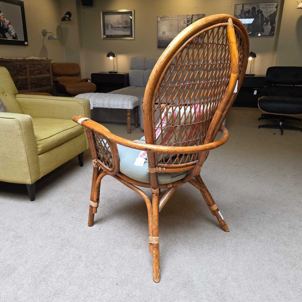 Rattan Back Accent Chair with Green Cushioned Seat & Striped Pillow OUTDOOR