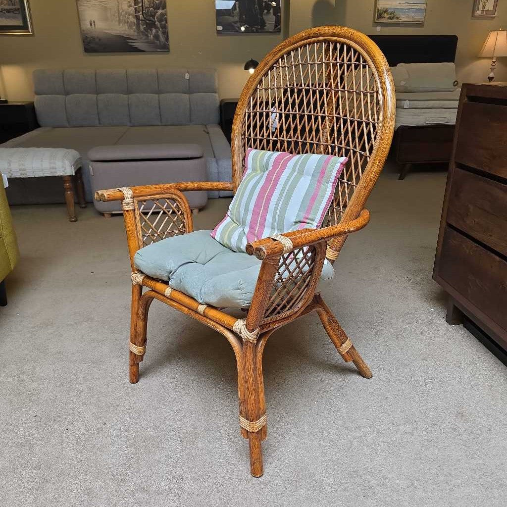Rattan Back Accent Chair with Green Cushioned Seat & Striped Pillow OUTDOOR