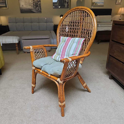 Rattan Back Accent Chair with Green Cushioned Seat & Striped Pillow OUTDOOR