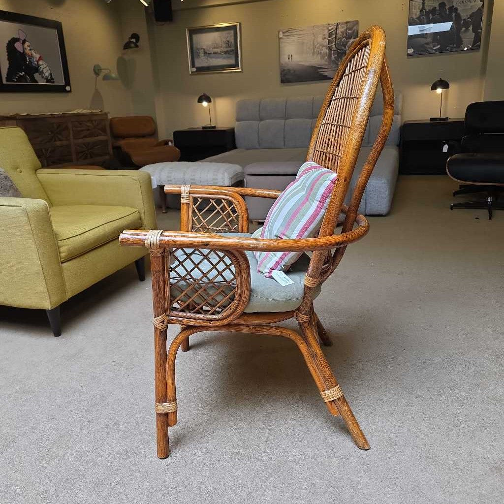Rattan Back Accent Chair with Green Cushioned Seat & Striped Pillow OUTDOOR