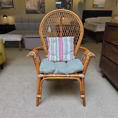 Rattan Back Accent Chair with Green Cushioned Seat & Striped Pillow OUTDOOR