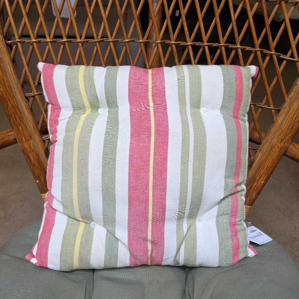 Rattan Back Accent Chair with Green Cushioned Seat & Striped Pillow OUTDOOR