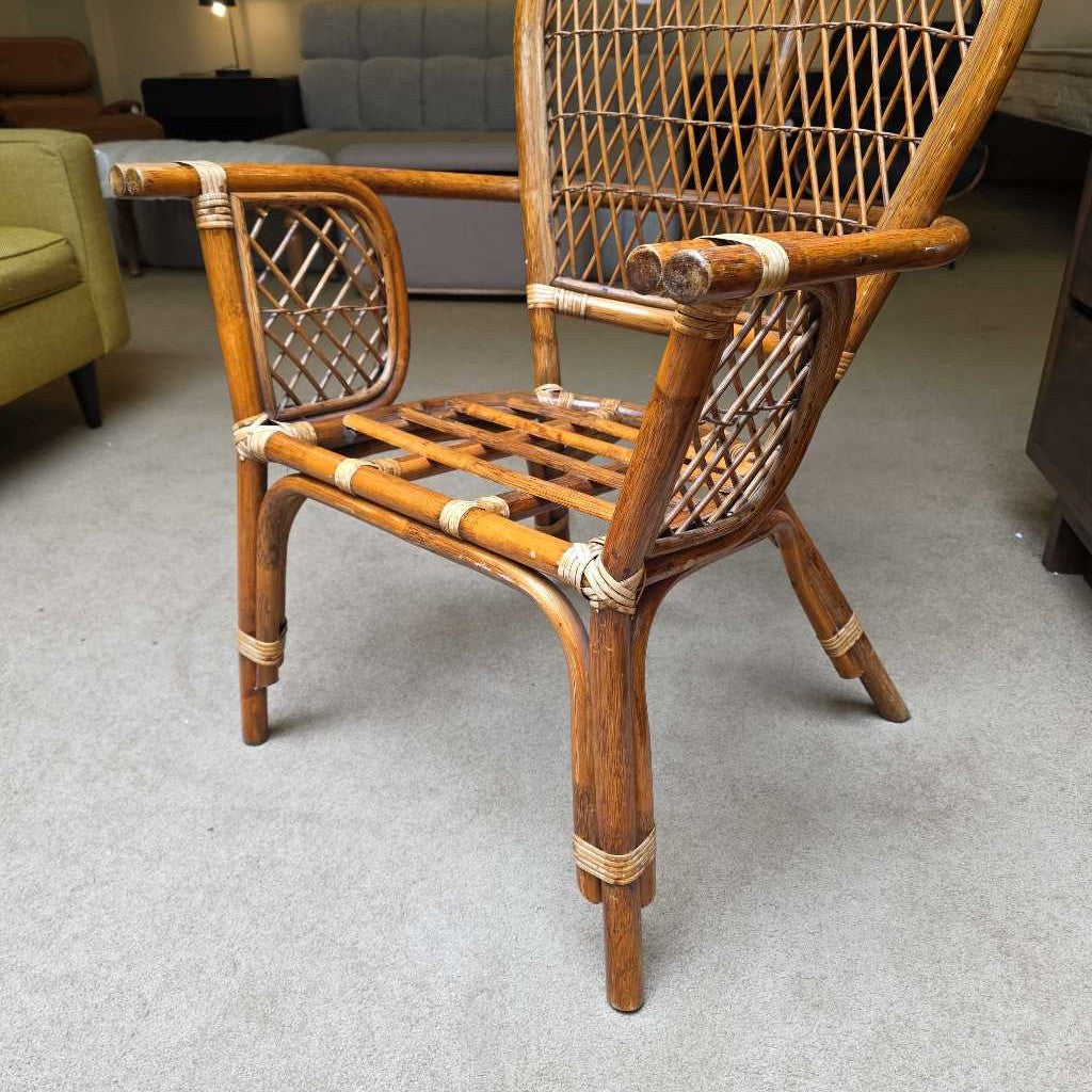 Rattan Back Accent Chair with Green Cushioned Seat & Striped Pillow OUTDOOR
