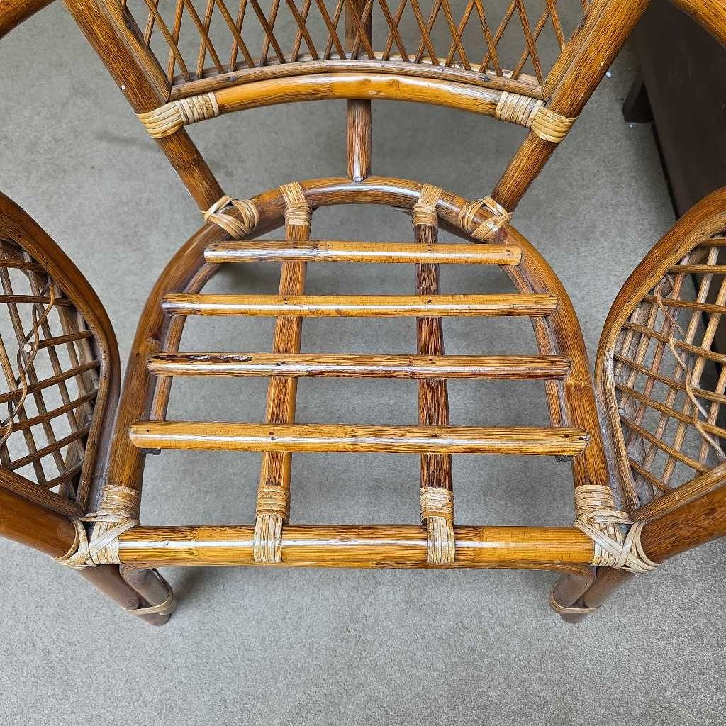 Rattan Back Accent Chair with Green Cushioned Seat & Striped Pillow OUTDOOR