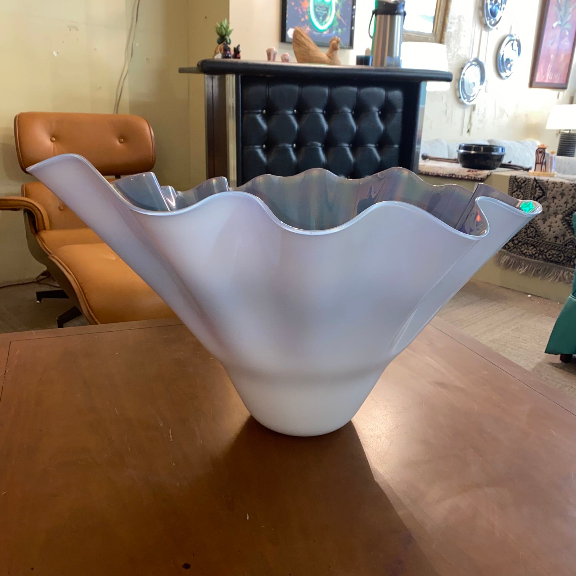 Signed DANIEL BERGSMA Metallic Green Purple & White Handkerchief Art Glass Vase SMALLS
