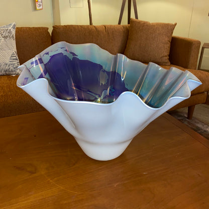Signed DANIEL BERGSMA Metallic Green Purple & White Handkerchief Art Glass Vase SMALLS