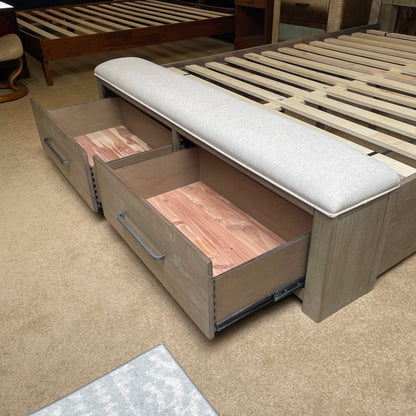Grey Wood Plank Headboard w/ Bench & Storage Footboard QUEEN Bed Frame C BED FRAMES