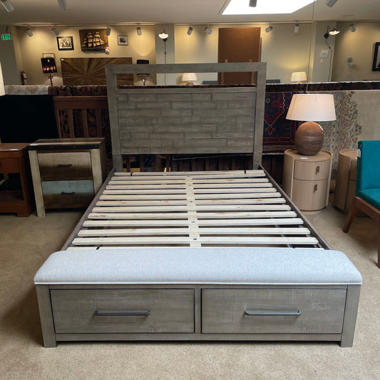 Grey Wood Plank Headboard w/ Bench & Storage Footboard QUEEN Bed Frame C BED FRAMES