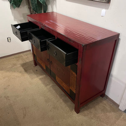 Red 2 Door 3 Drawer Cabinet w/Burld Wood Accents C CABINETS