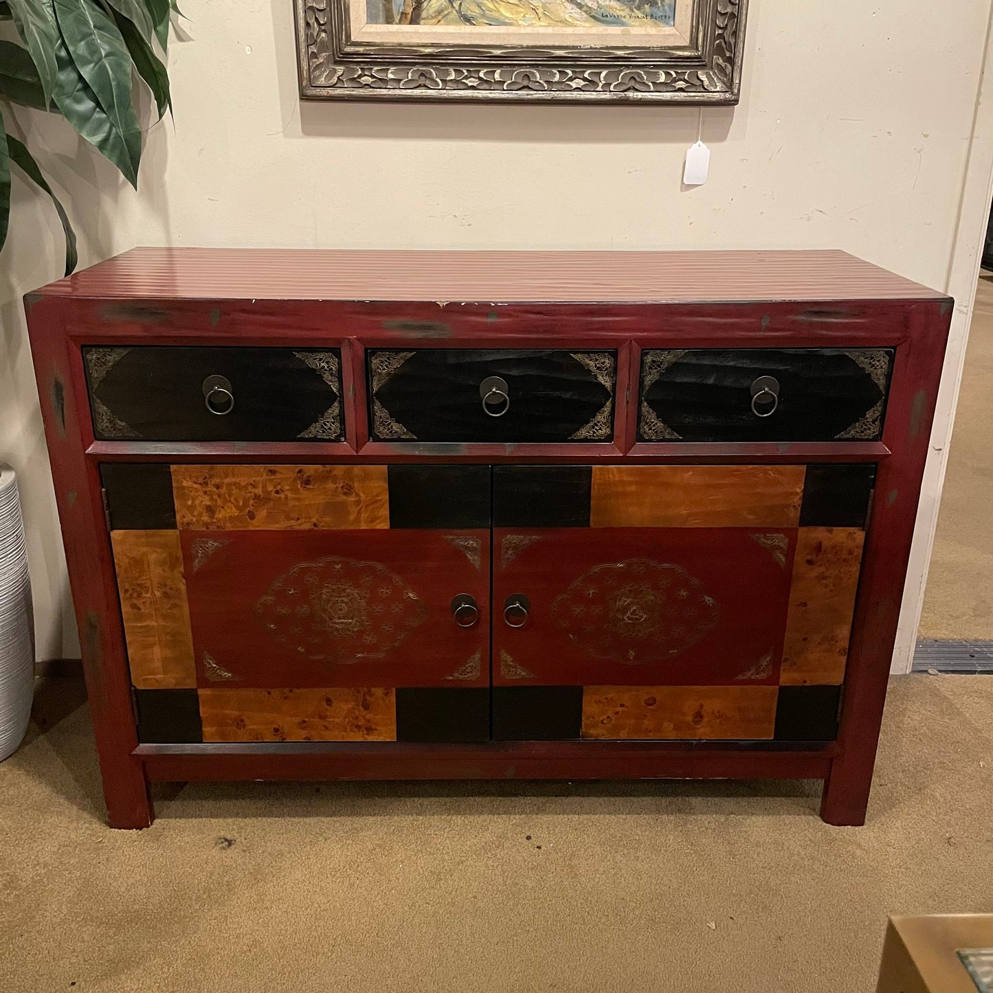 Red 2 Door 3 Drawer Cabinet w/Burld Wood Accents C CABINETS