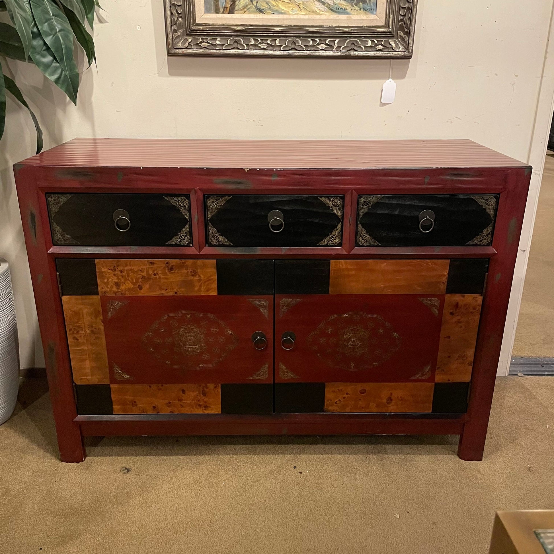 Red 2 Door 3 Drawer Cabinet w/Burld Wood Accents C CABINETS
