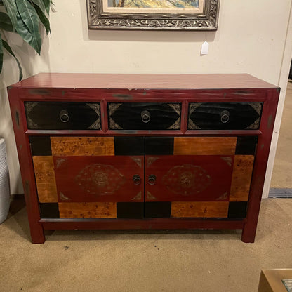 Red 2 Door 3 Drawer Cabinet w/Burld Wood Accents C CABINETS