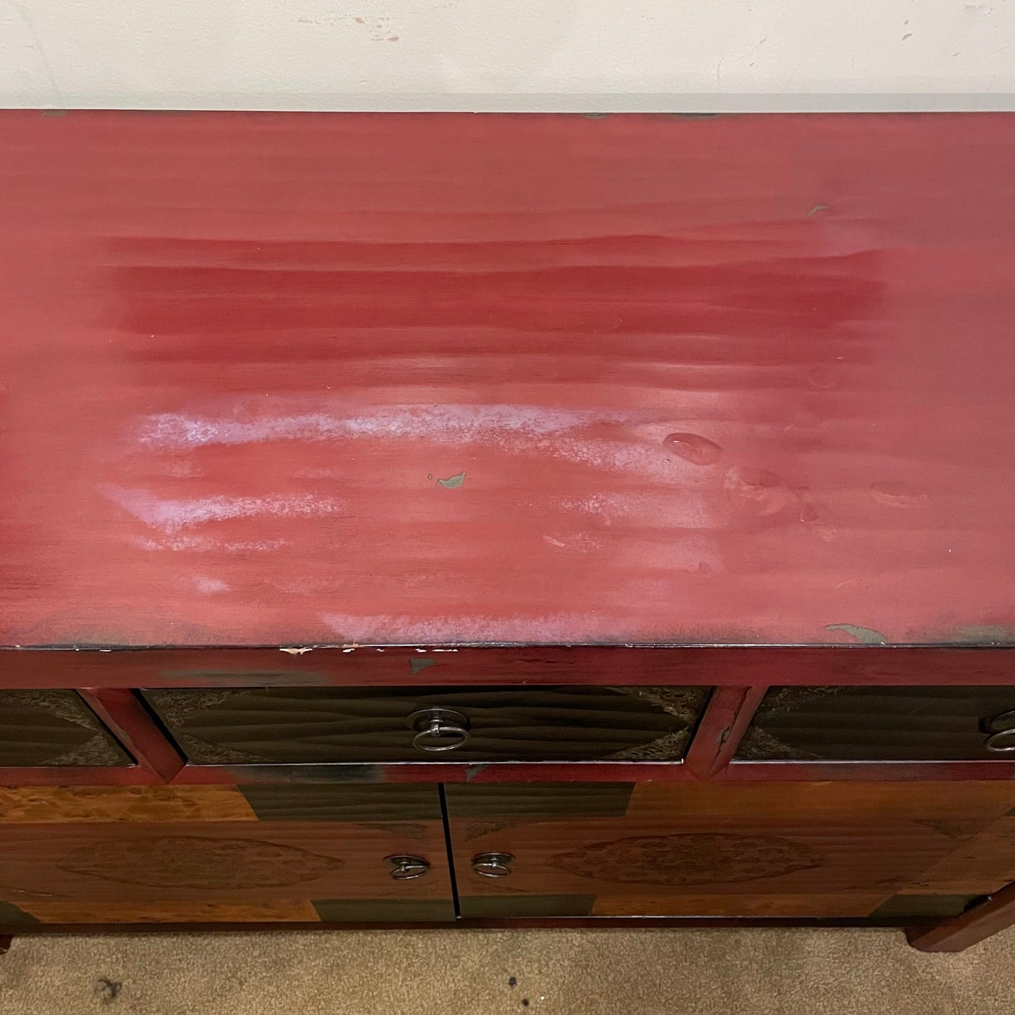Red 2 Door 3 Drawer Cabinet w/Burld Wood Accents C CABINETS