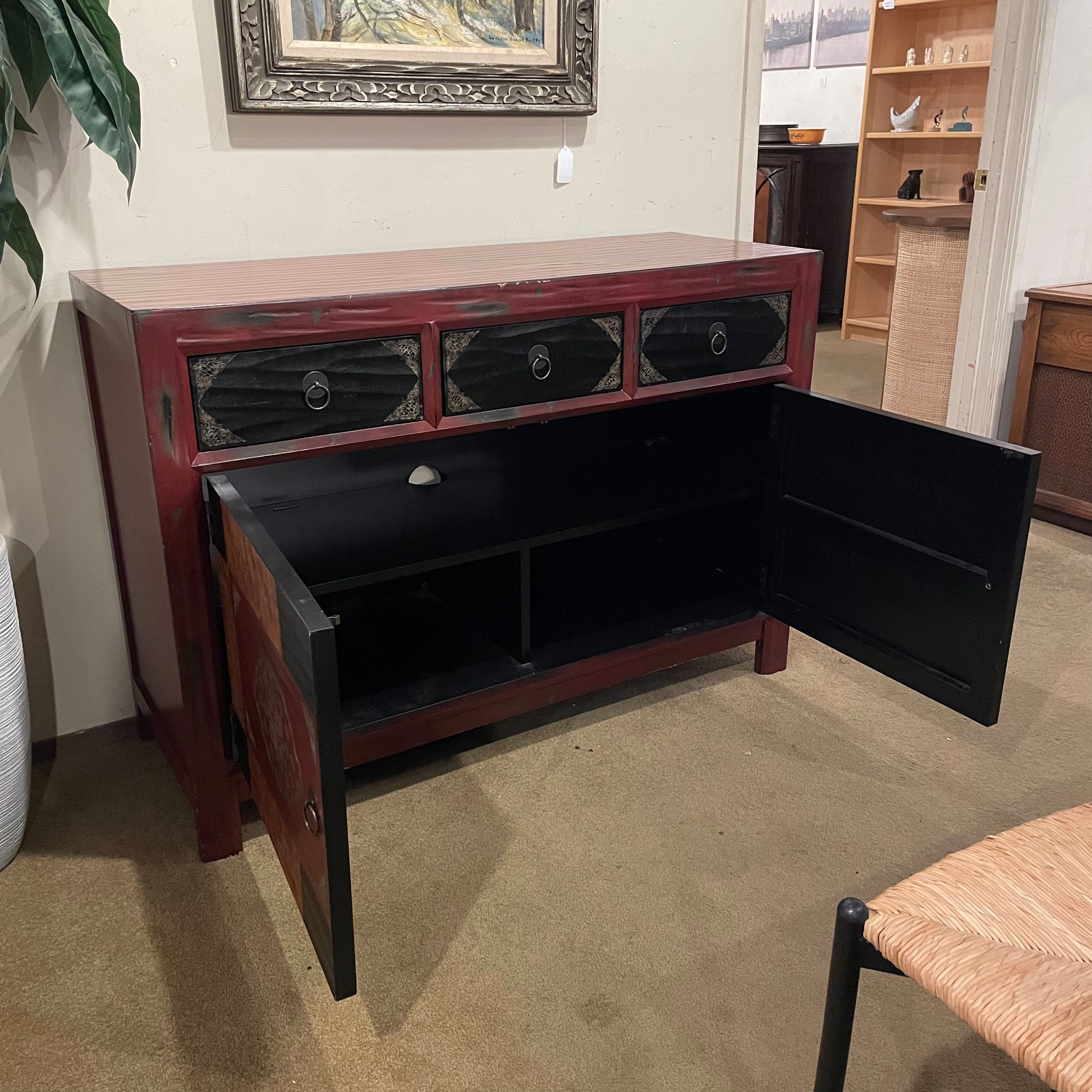 Red 2 Door 3 Drawer Cabinet w/Burld Wood Accents C CABINETS