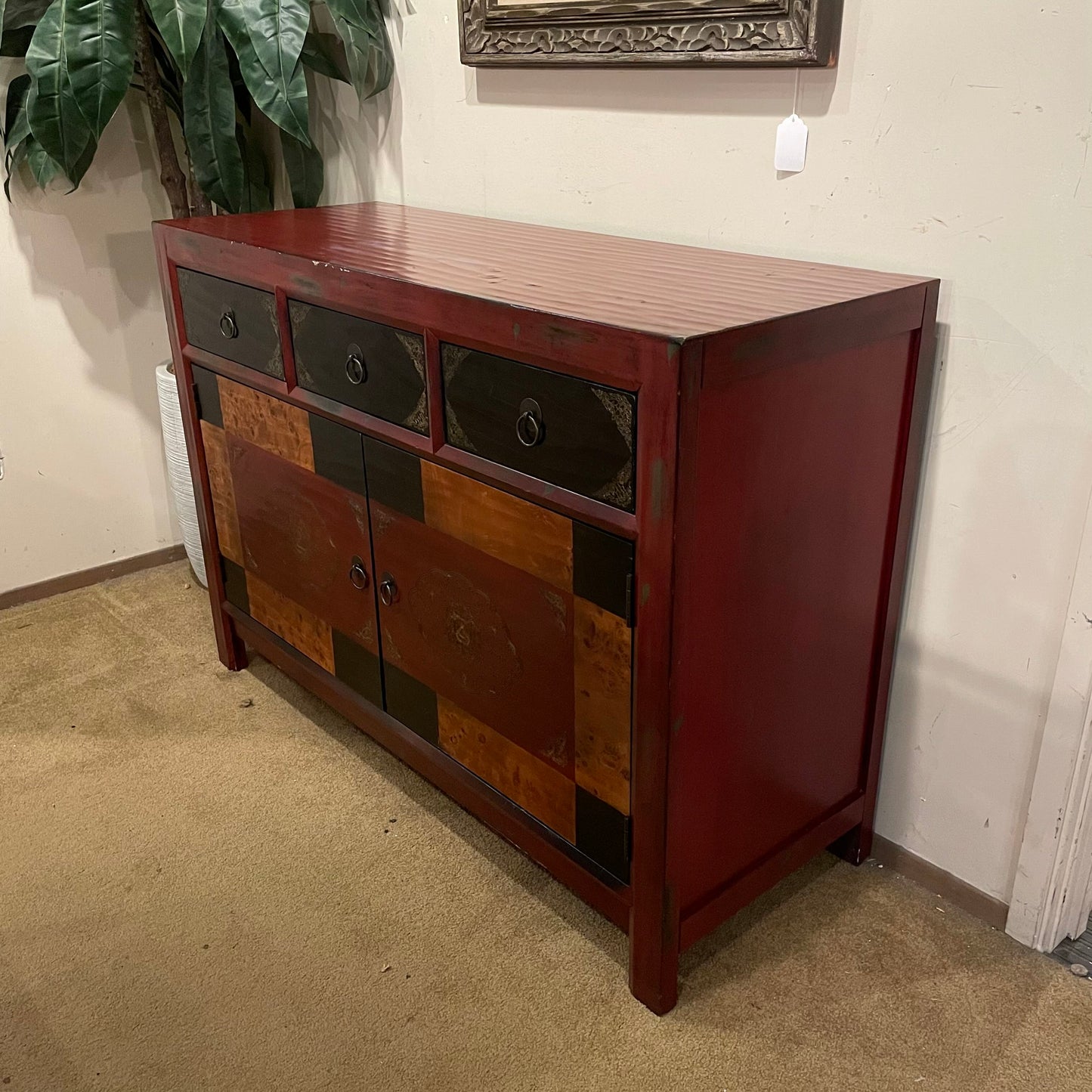 Red 2 Door 3 Drawer Cabinet w/Burld Wood Accents C CABINETS