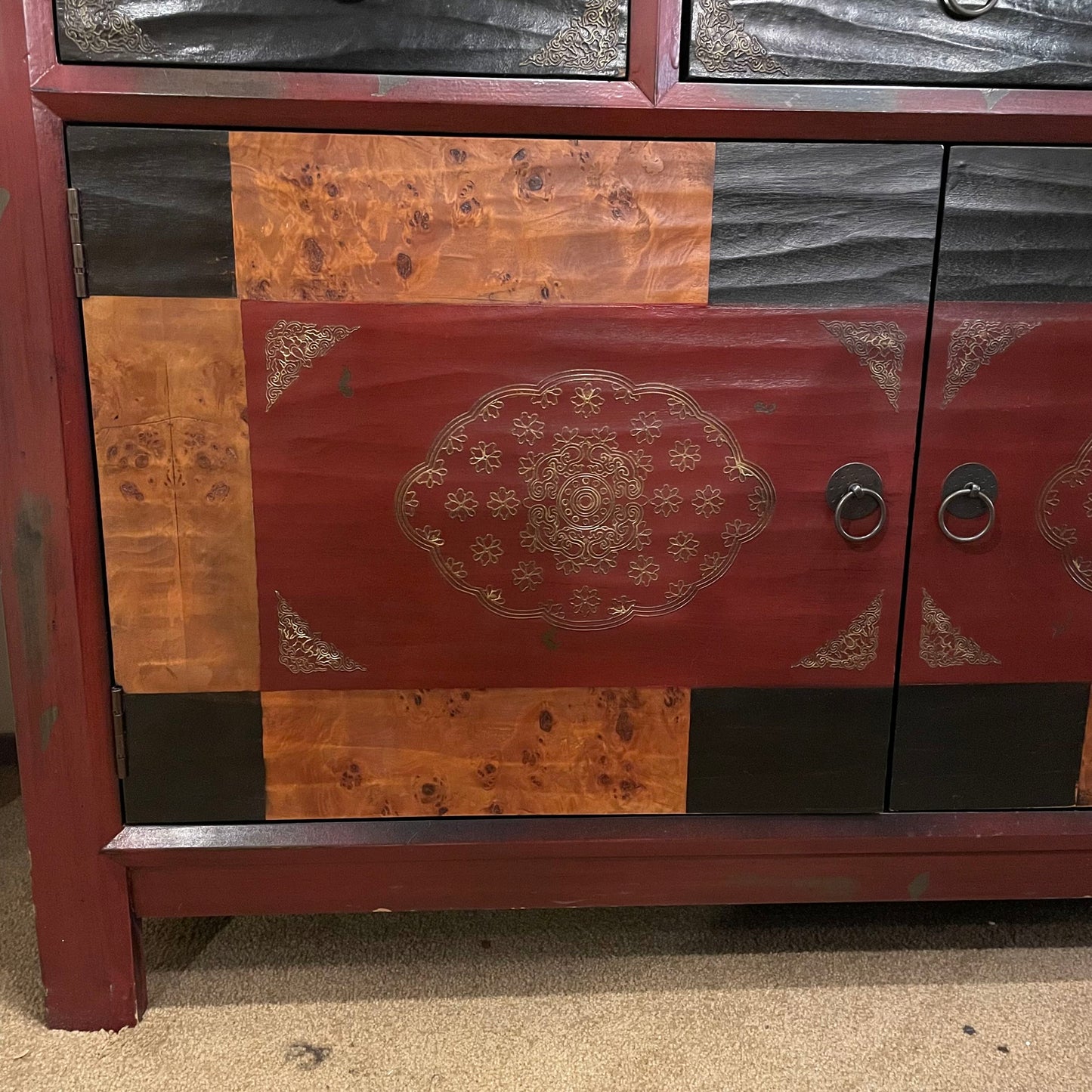 Red 2 Door 3 Drawer Cabinet w/Burld Wood Accents C CABINETS