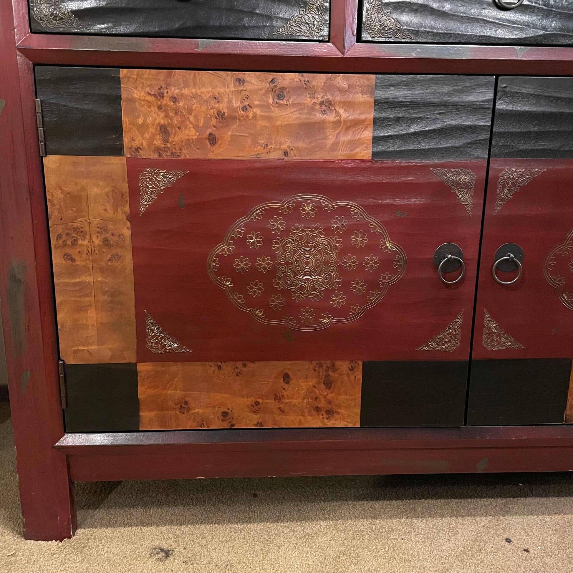 Red 2 Door 3 Drawer Cabinet w/Burld Wood Accents C CABINETS