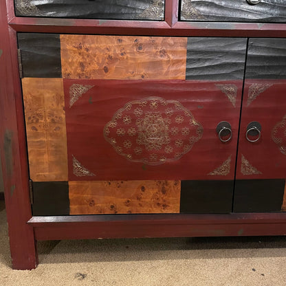 Red 2 Door 3 Drawer Cabinet w/Burld Wood Accents C CABINETS