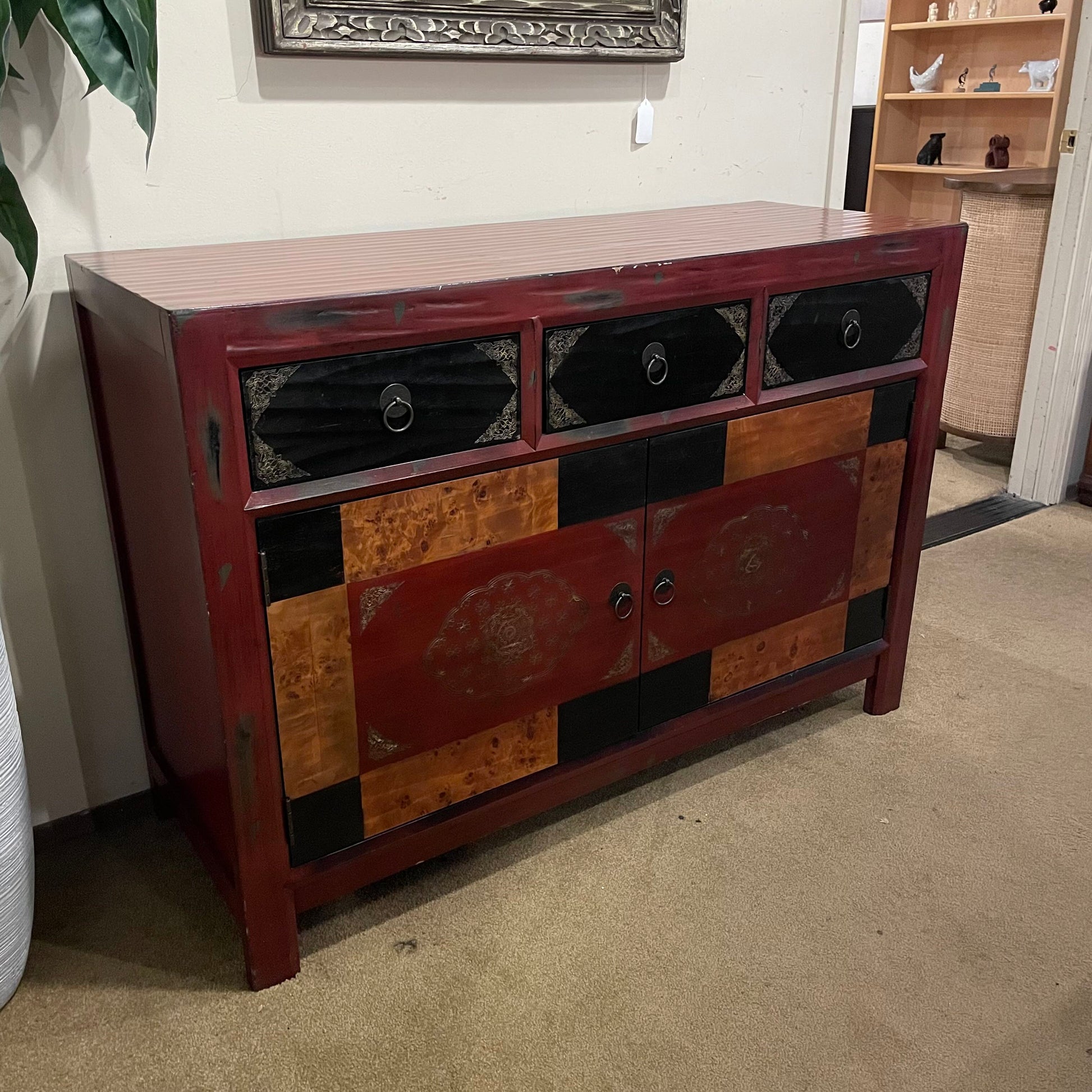 Red 2 Door 3 Drawer Cabinet w/Burld Wood Accents C CABINETS