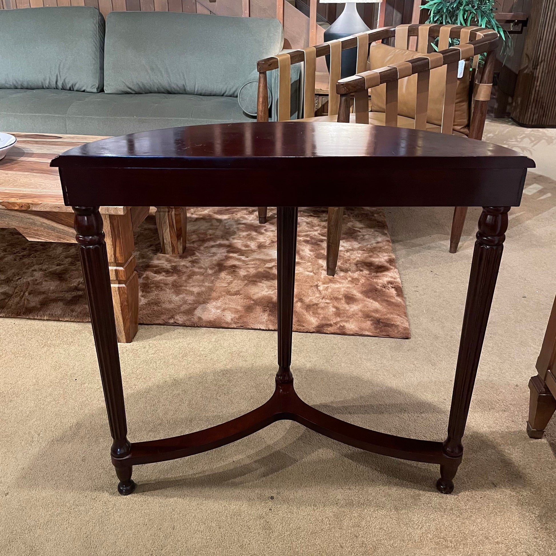 Wooden table in a room with furniture and decor