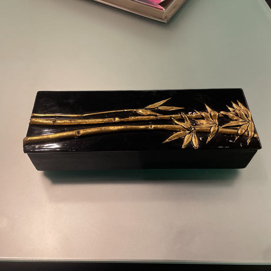Rectangular Black Lacquer Box with Gold Bamboo