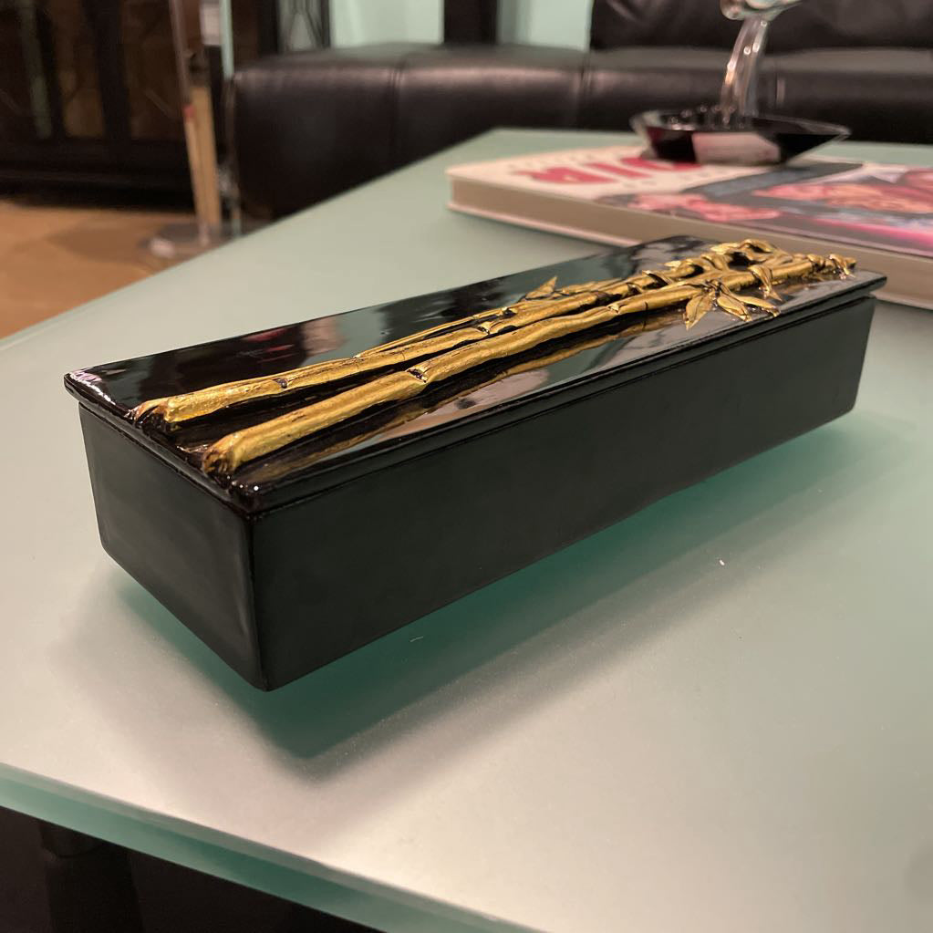 Rectangular Black Lacquer Box with Gold Bamboo UNIQUE FINDS