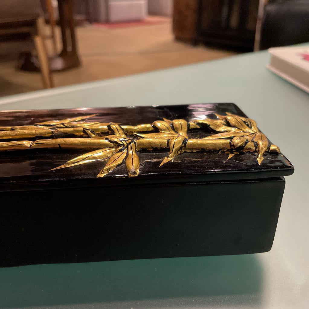 Rectangular Black Lacquer Box with Gold Bamboo UNIQUE FINDS