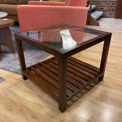 Ethan Allen Square End Table with Glass top & Wood Slat Shelf