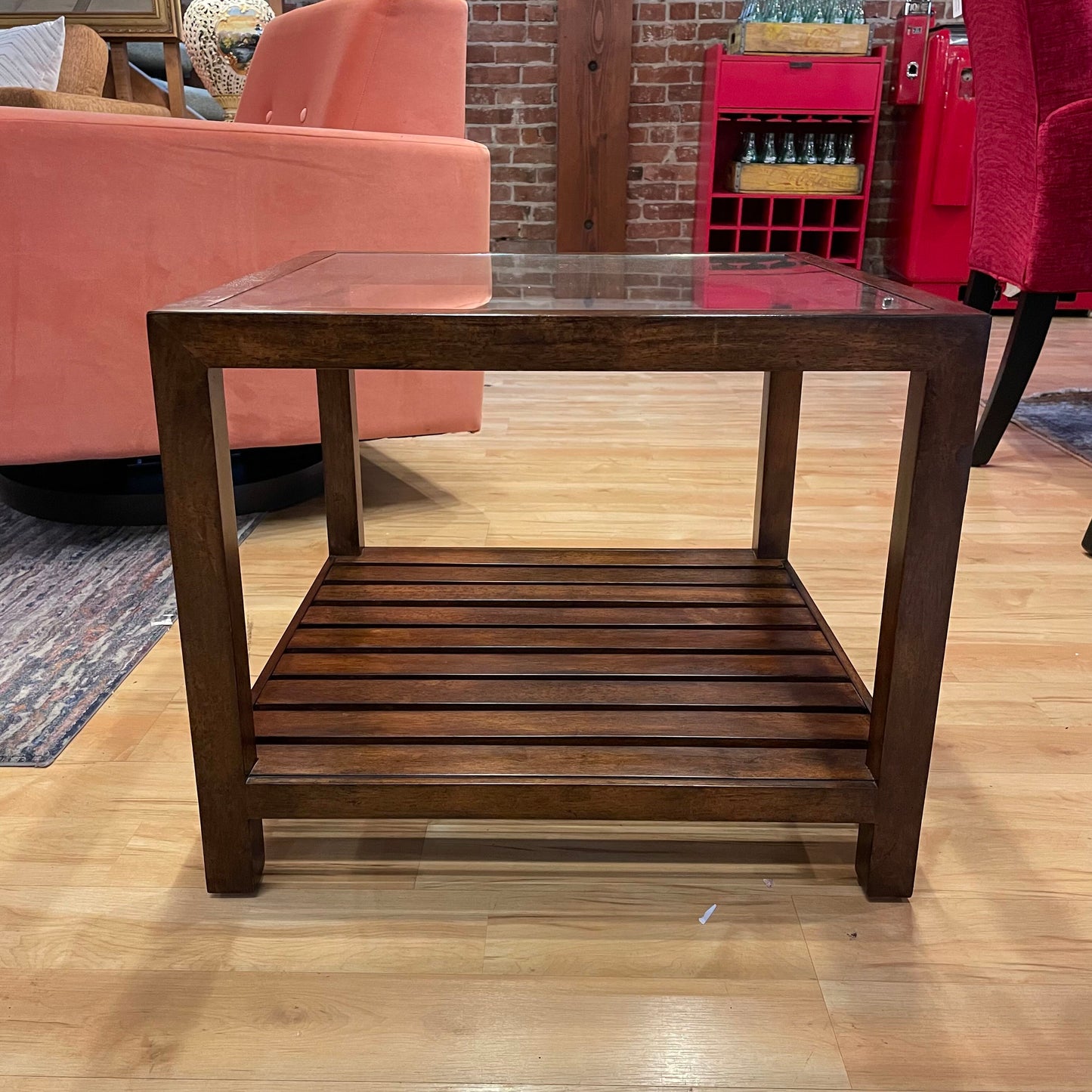 Ethan Allen Square End Table with Glass top & Wood Slat Shelf