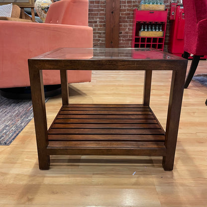 Ethan Allen Square End Table with Glass top & Wood Slat Shelf