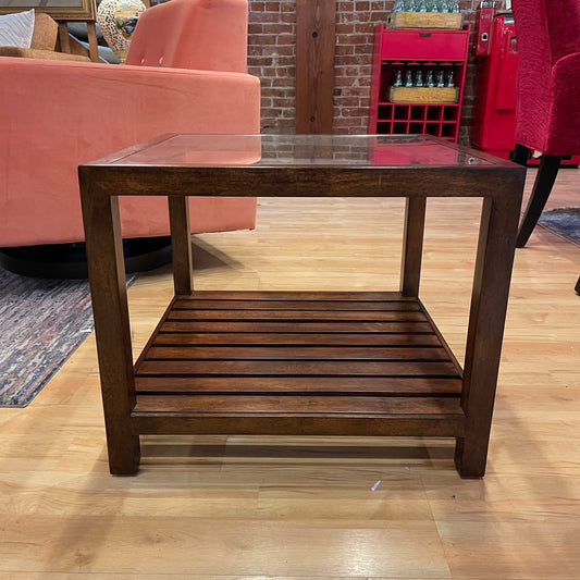 Ethan Allen Square End Table with Glass top & Wood Slat Shelf