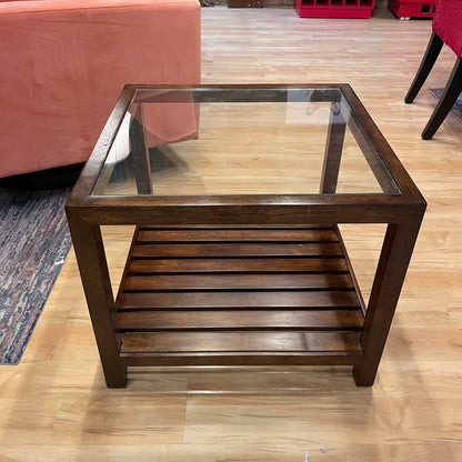 Ethan Allen Square End Table with Glass top & Wood Slat Shelf