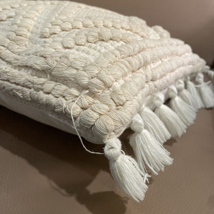 White Chunky Stitch Lumbar Pillow w Tassels U PILLOWS