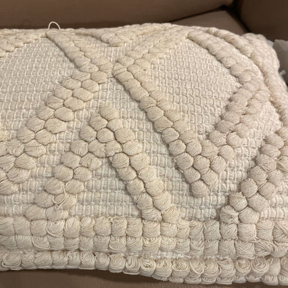 White Chunky Stitch Lumbar Pillow w Tassels U PILLOWS
