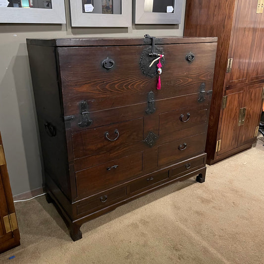 Japanese 2 Piece Dark Wood Tansu with Drop Down Door