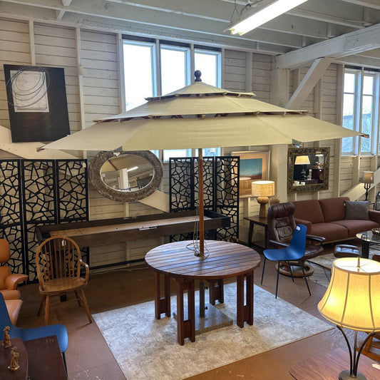 Outdoor Cedar Dining Table w/ Umbrella & Marble Base