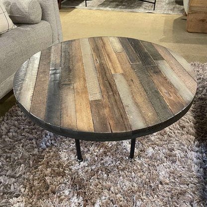 Industrial Wood Plank Round Coffee Table with Pipe Legs C COFFEE TABLES