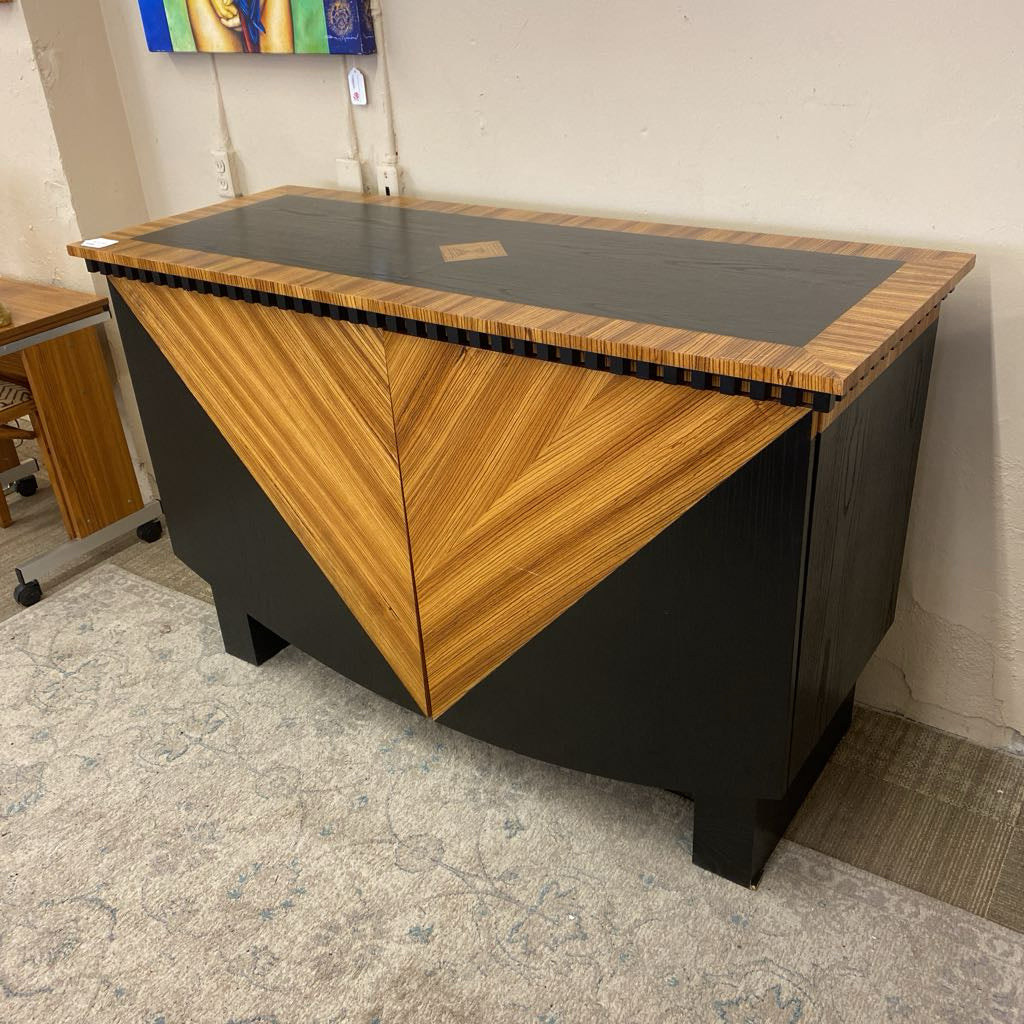 Art Deco Style Geometric Wood Inlay Black Cabinet (AS IS)