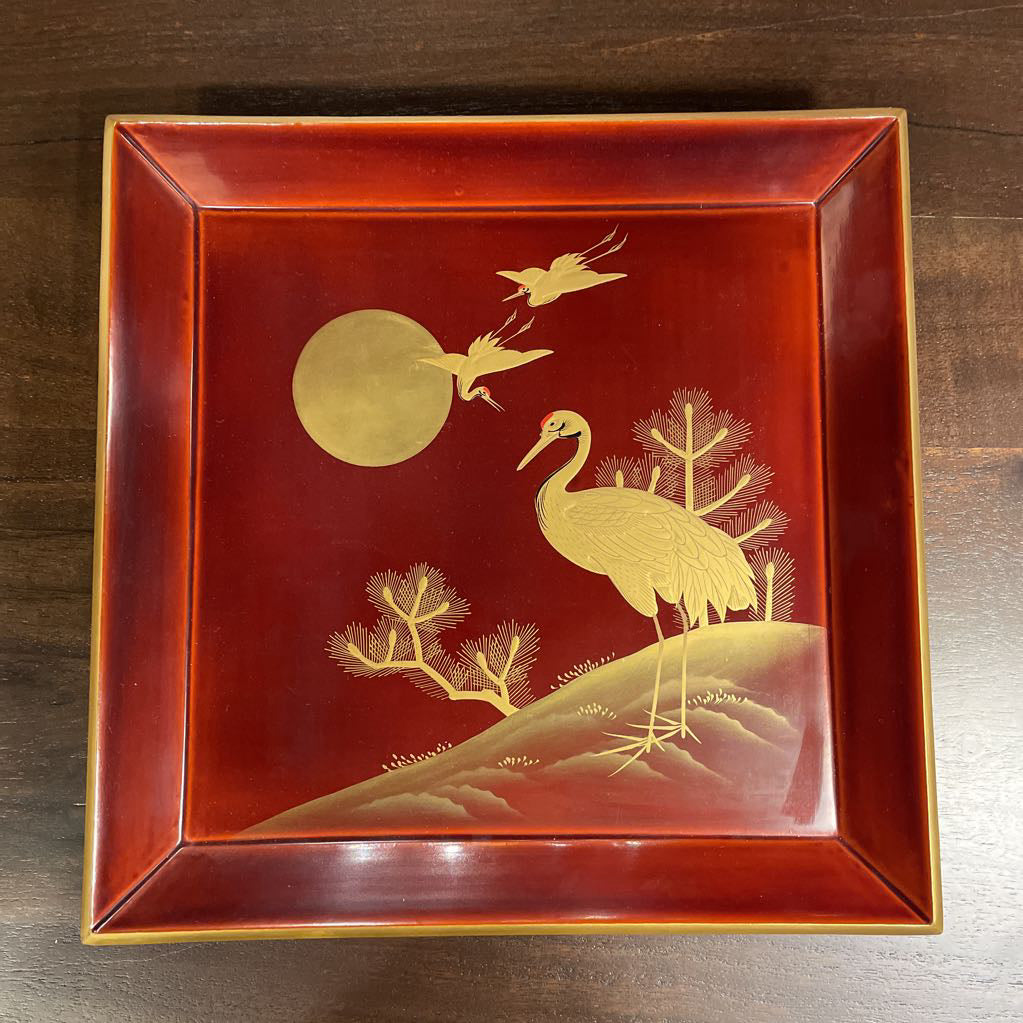 Russet & Gold Tray with Crane and Full Moon