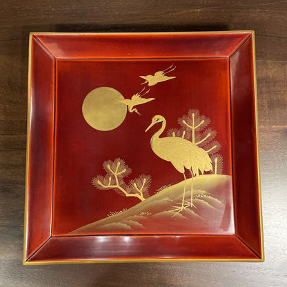 Russet & Gold Tray with Crane and Full Moon